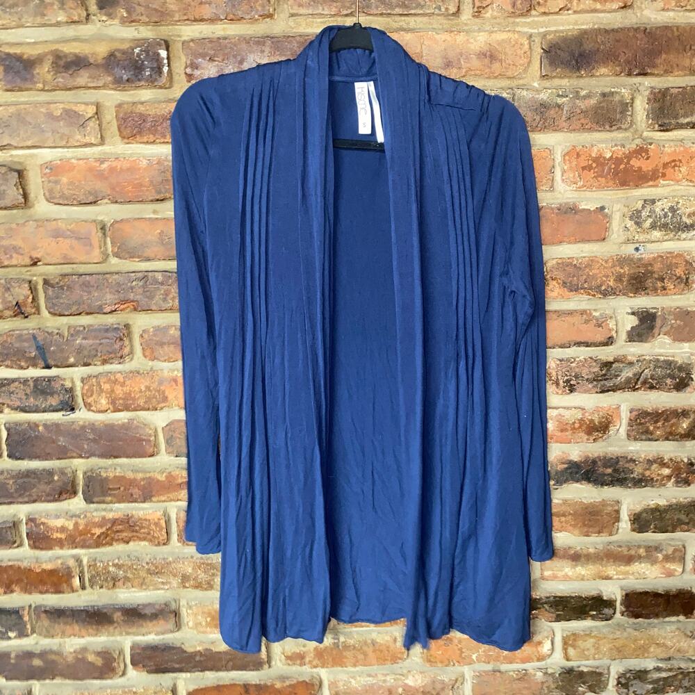 Kische Navy Blue Pleated Long Sleeve Open Front Cardigan Sweater Size Small